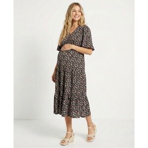 MAX Black Floral Maternity Midi Dress Medium V-Neck Flutter Sleeve Tiered Casual